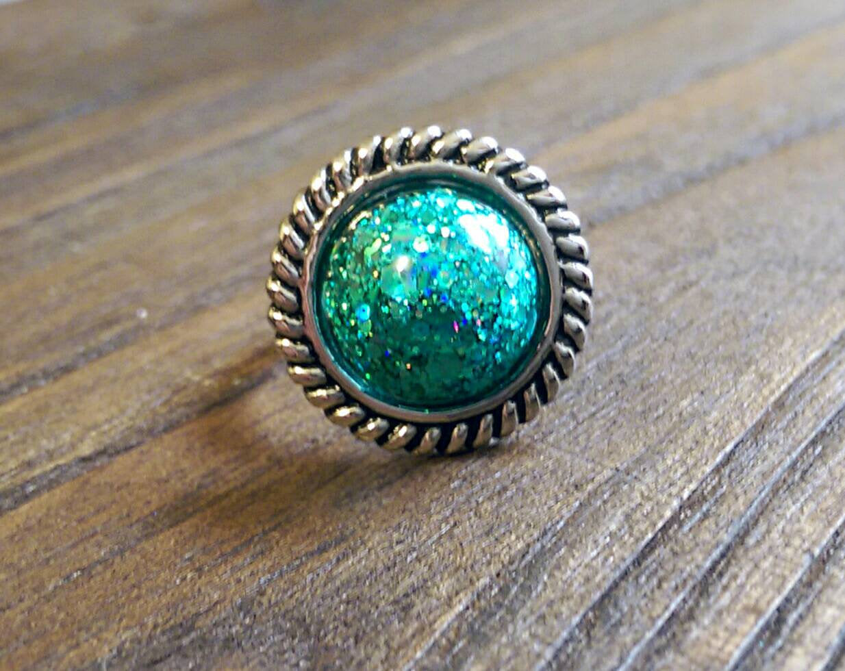 Resin Teal Glitter Ring, Statement Resin Ring, Stainless Steel Statement Ring - Silver and Resin Designs