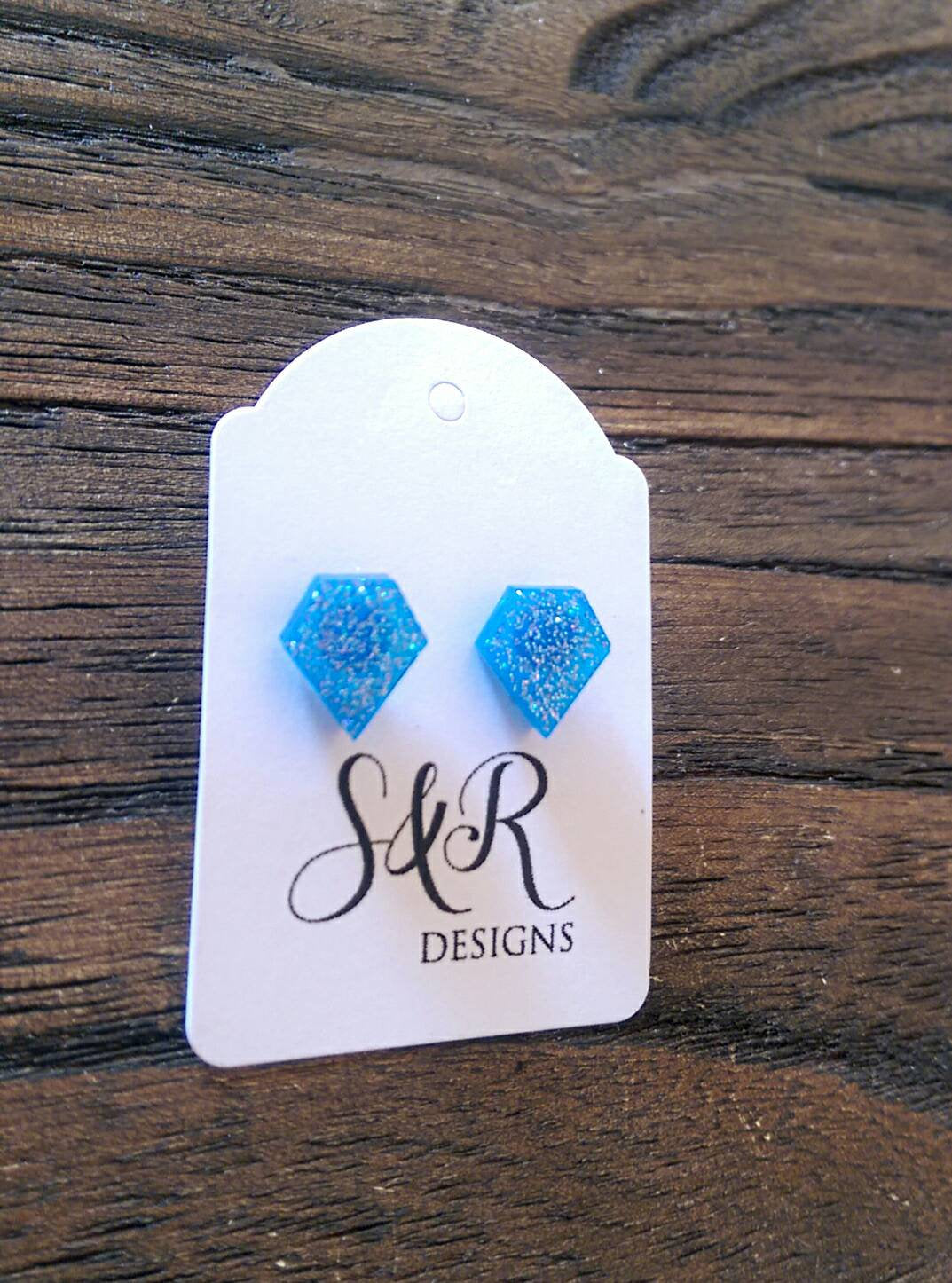 Diamond Cut Resin Stud Earrings, Blue Silver Holographic Glitter Earrings. Stainless Steel Stud Earrings.