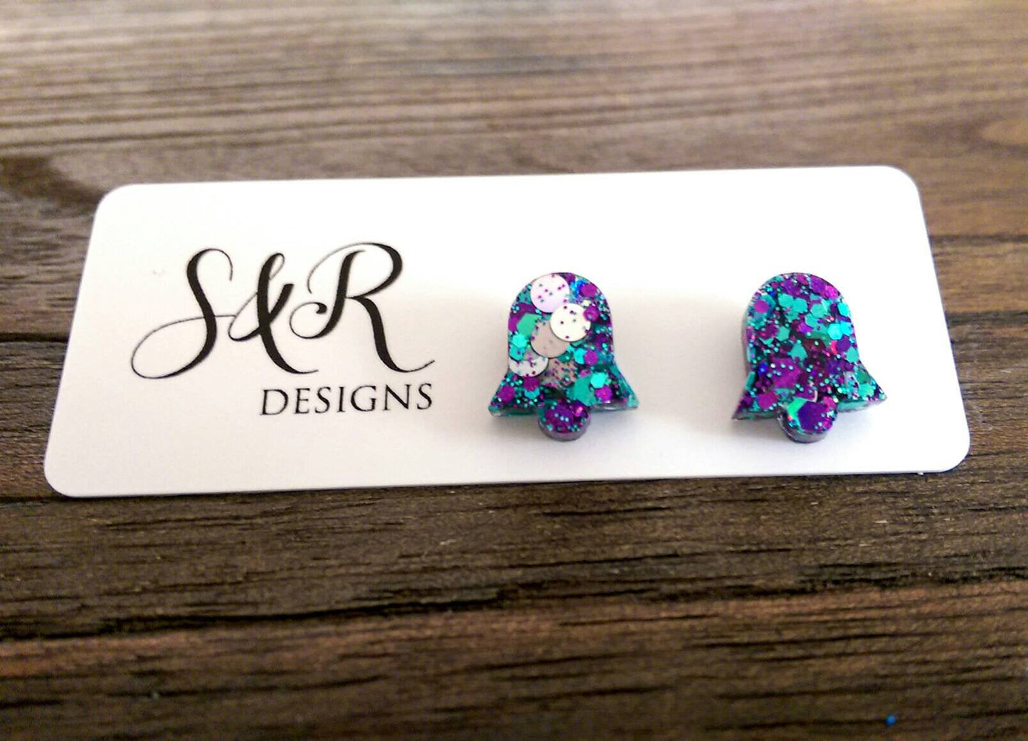 Bell Flower Resin Stud Earrings, Purple, Silver, Teal Glitter Earrings. Stainless Steel Stud Earrings.