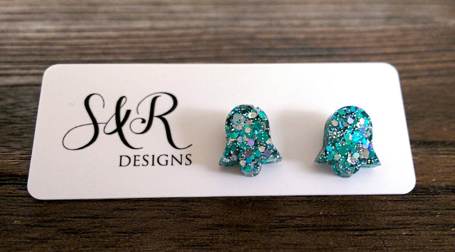 Bell Flower Resin Stud Earrings, Silver Teal Glitter Earrings, Ocean Breeze Glitter Earrings, Stainless Steel Stud Earrings.