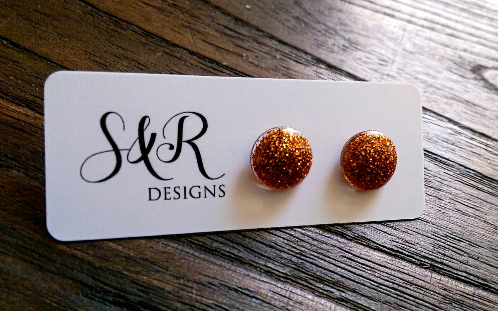 Circle Resin Stud Earrings, Orange Glitter Earrings 12mm - Silver and Resin Designs