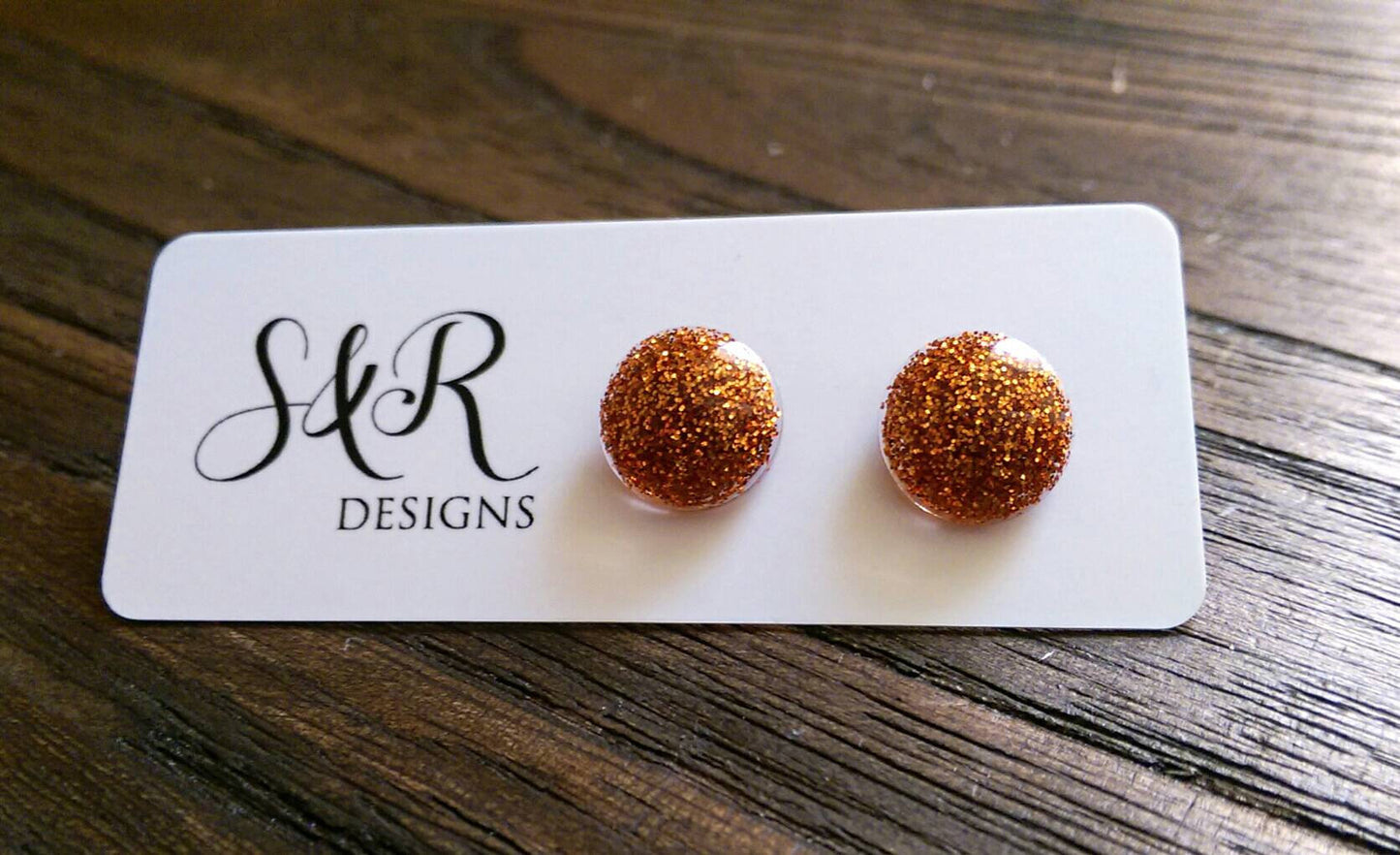 Circle Resin Stud Earrings, Orange Glitter Earrings 12mm - Silver and Resin Designs