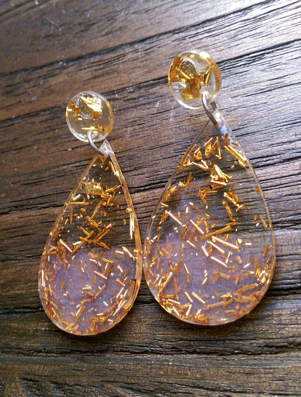 Teardrops Gold Leaf Earrings, Gold Leaf and Blush Teardrop Long Dangle Earrings, Statement Earrings