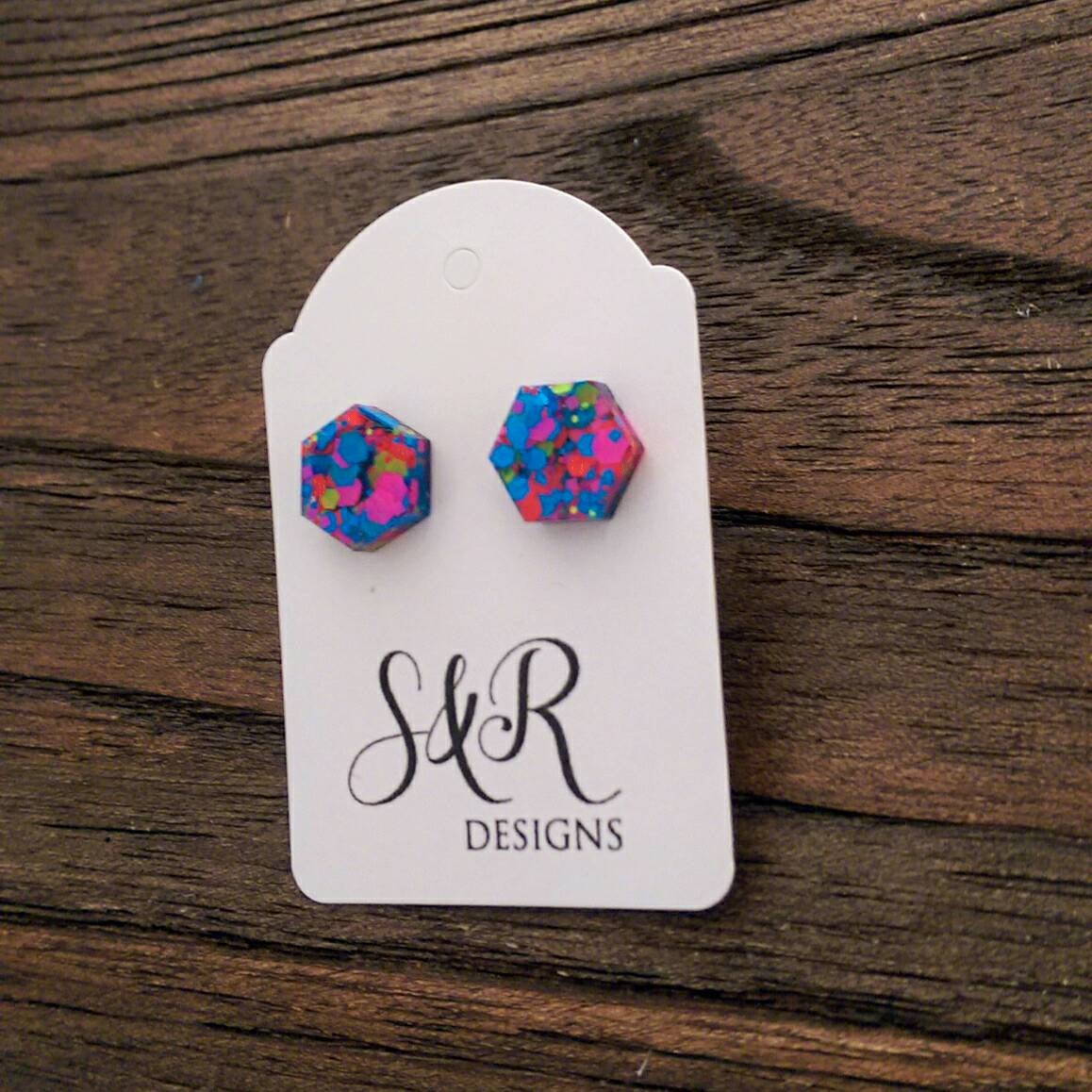 Hexagon Resin Stud Earrings, Neon Pink Blue Orange Yellow Glitter Earrings. Stainless Steel Stud Earrings. 10mm or 6mm