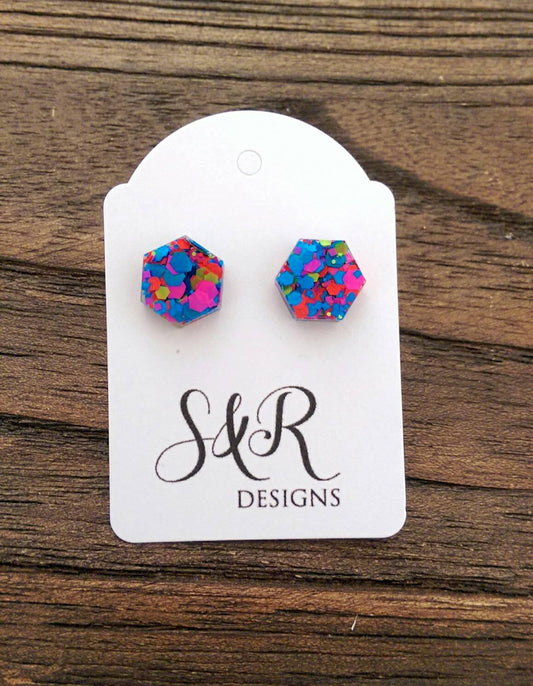 Hexagon Resin Stud Earrings, Neon Pink Blue Orange Yellow Glitter Earrings. Stainless Steel Stud Earrings. 10mm or 6mm