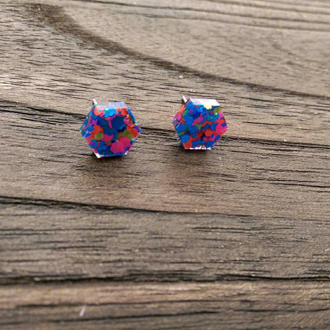 Hexagon Resin Stud Earrings, Neon Pink Blue Orange Yellow Glitter Earrings. Stainless Steel Stud Earrings. 10mm or 6mm