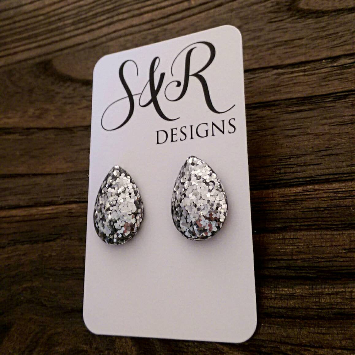 Teardrops Glitter Stud Earrings, Silver Chunky Glitter Stainless Steel Earrings.