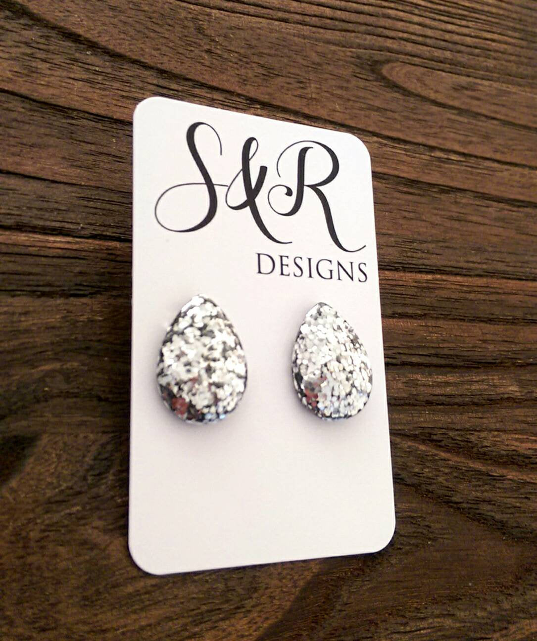 Teardrops Glitter Stud Earrings, Silver Chunky Glitter Stainless Steel Earrings.