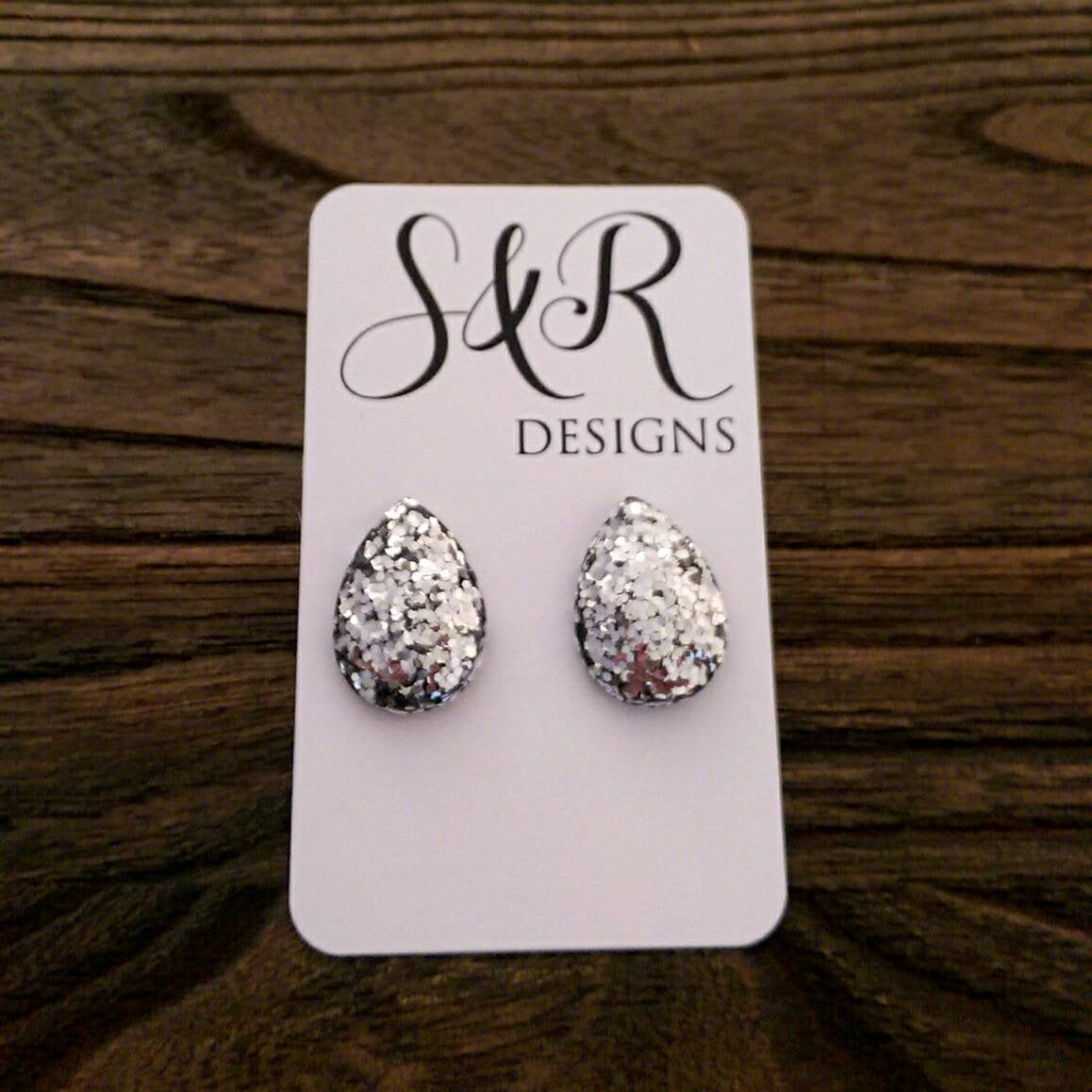 Teardrops Glitter Stud Earrings, Silver Chunky Glitter Stainless Steel Earrings.