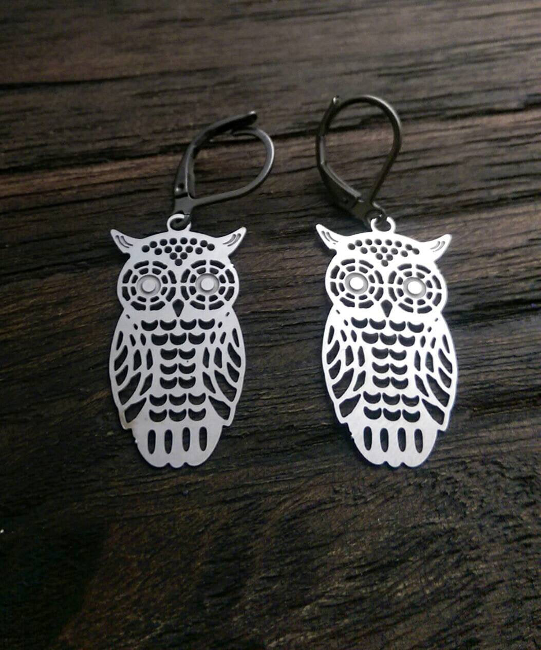 Owl Filigree Silver Stainless Steel Dangle Leverback or Hook Earrings.