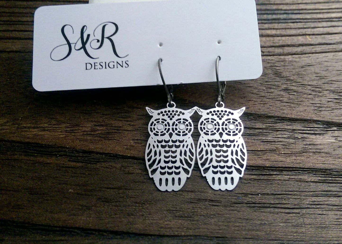 Owl Filigree Silver Stainless Steel Dangle Leverback or Hook Earrings.