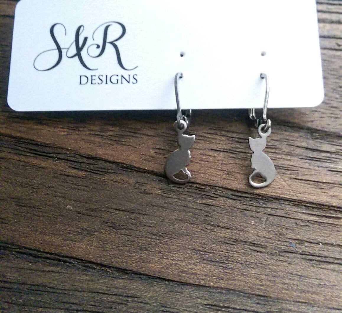 Tiny Cat Earrings, Stainless Steel Dangle Leverback Cat Earrings.