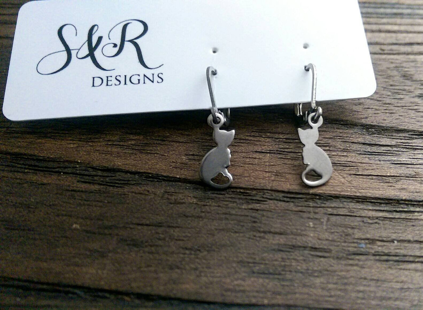 Tiny Cat Earrings, Stainless Steel Dangle Leverback Cat Earrings.