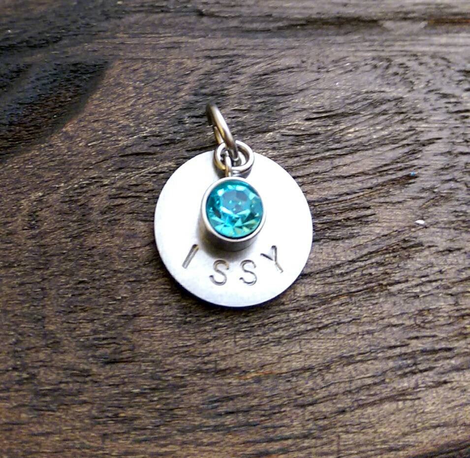 Personalised Hand Stamped Name Wine Ring Charm Disc with Crystal Charm. Choose Colour.