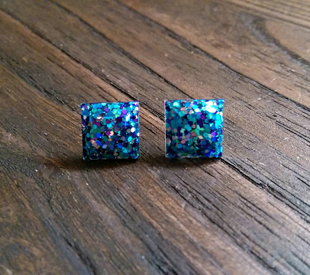 Square Resin Stud Earrings, Teal Purple Silver Glitter Earrings, Stainless Steel Stud Earrings. 12mm - Silver and Resin Designs