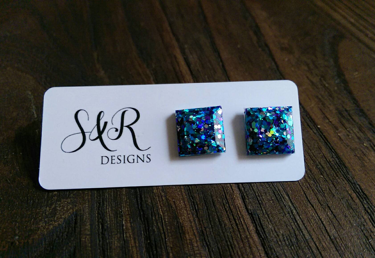 Square Resin Stud Earrings, Teal Purple Silver Glitter Earrings, Stainless Steel Stud Earrings. 12mm - Silver and Resin Designs