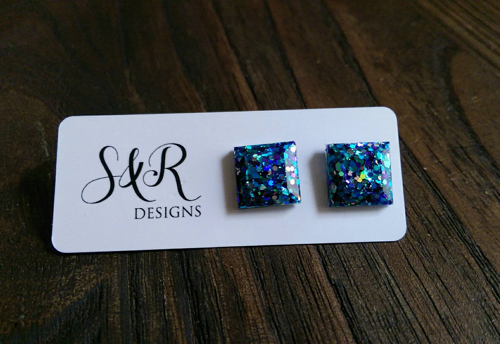 Square Resin Stud Earrings, Teal Purple Silver Glitter Earrings, Stainless Steel Stud Earrings. 12mm - Silver and Resin Designs
