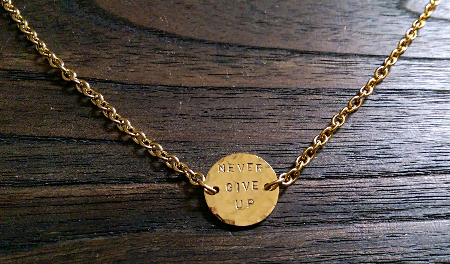 Hammered Pendant Necklace. Personalised Hand Stamped Necklace. Gold Stainless Steel Circle Necklace.
