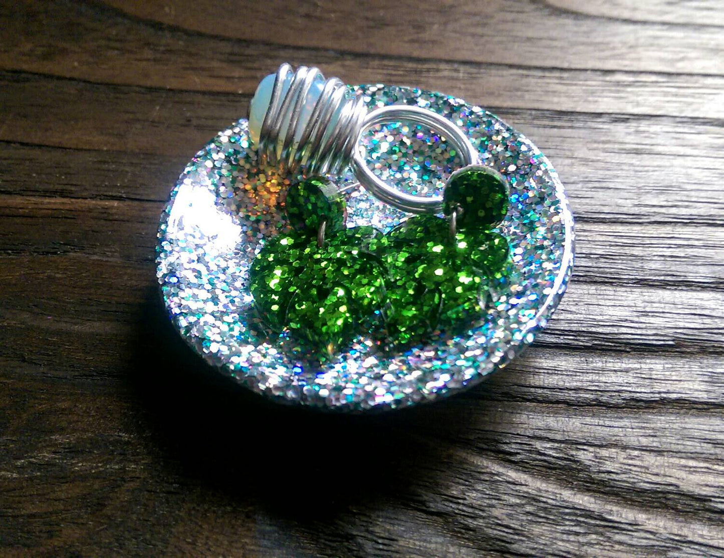 Ring Trinket Dish Silver Holographic & Green Holographic Sparkly Glitter Mix Hand Made Resin Dish