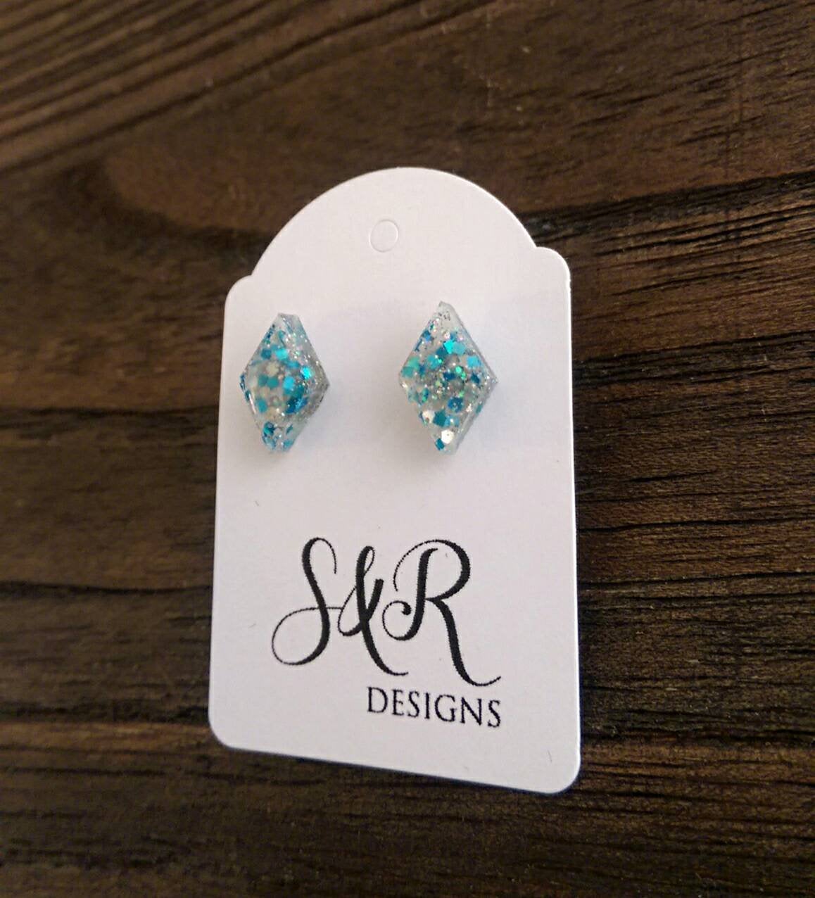 Diamond Resin Stud Earrings, Blue Glitter Earrings, Blue Silver Glitter Earrings made with Stainless Steel.