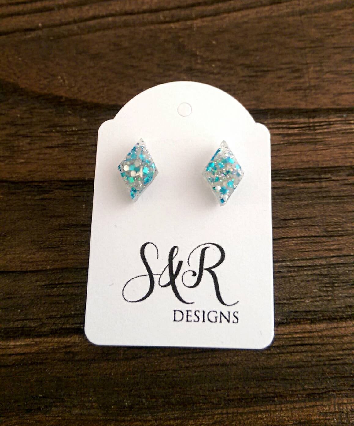 Diamond Resin Stud Earrings, Blue Glitter Earrings, Blue Silver Glitter Earrings made with Stainless Steel.