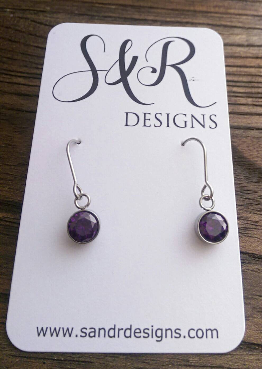 Purple Cubic Zirconia Dangle Bezel Earrings, CZ Dangle Earrings, Stainless Steel Hook Earrings - Silver and Resin Designs
