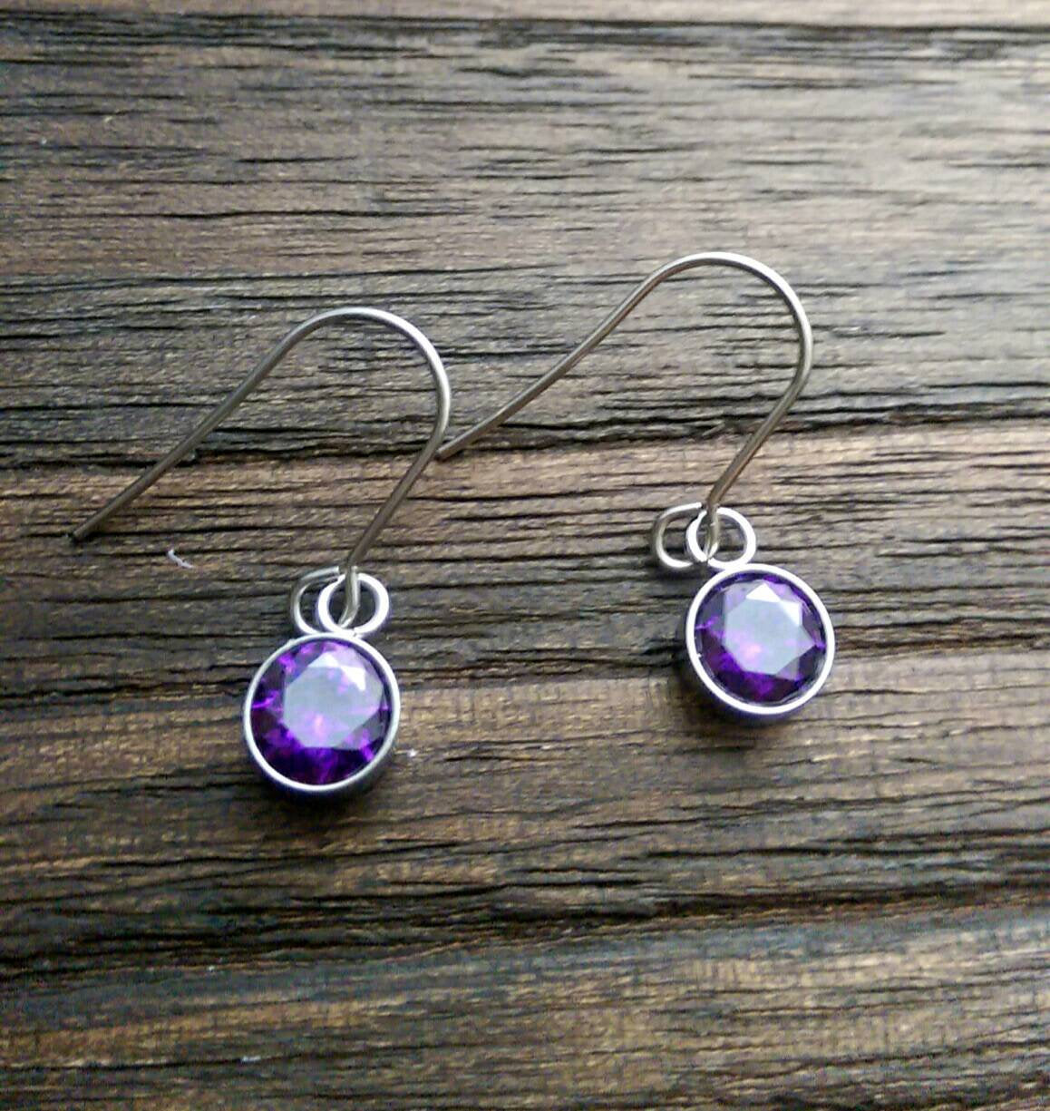 Purple Cubic Zirconia Dangle Bezel Earrings, CZ Dangle Earrings, Stainless Steel Hook Earrings - Silver and Resin Designs