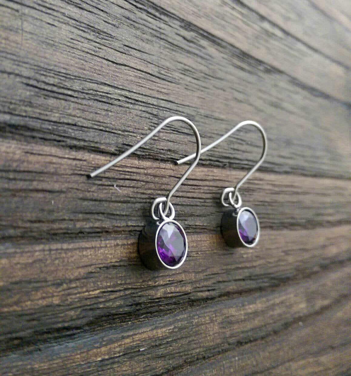Purple Cubic Zirconia Dangle Bezel Earrings, CZ Dangle Earrings, Stainless Steel Hook Earrings - Silver and Resin Designs