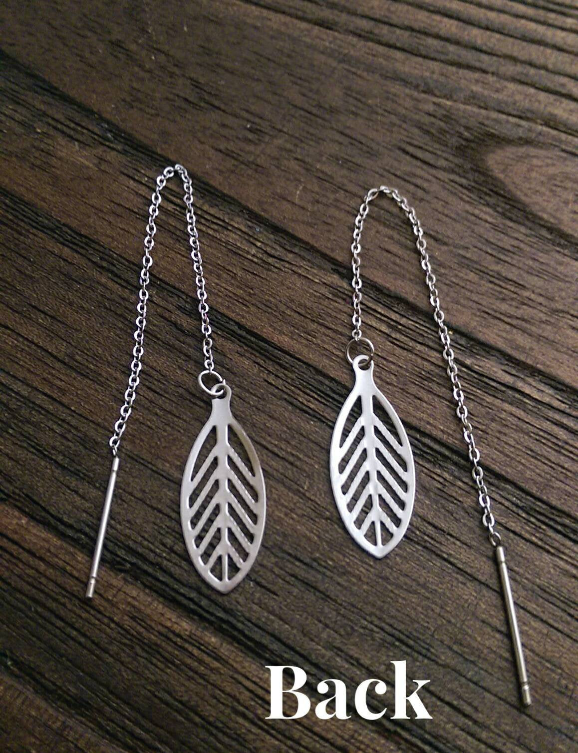 Leaf Filigree Stainless Steel Dangle Thread Earrings, Threader Earrings.