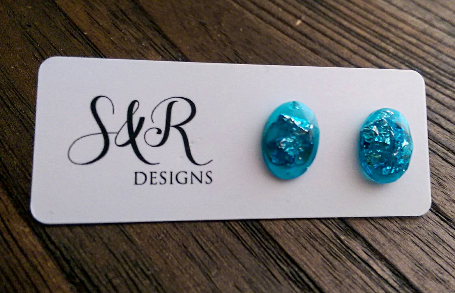 Oval Gem Resin Stud Earrings, Aquamarine Silver Leaf Earrings, Stainless Steel Stud Earrings. - Silver and Resin Designs