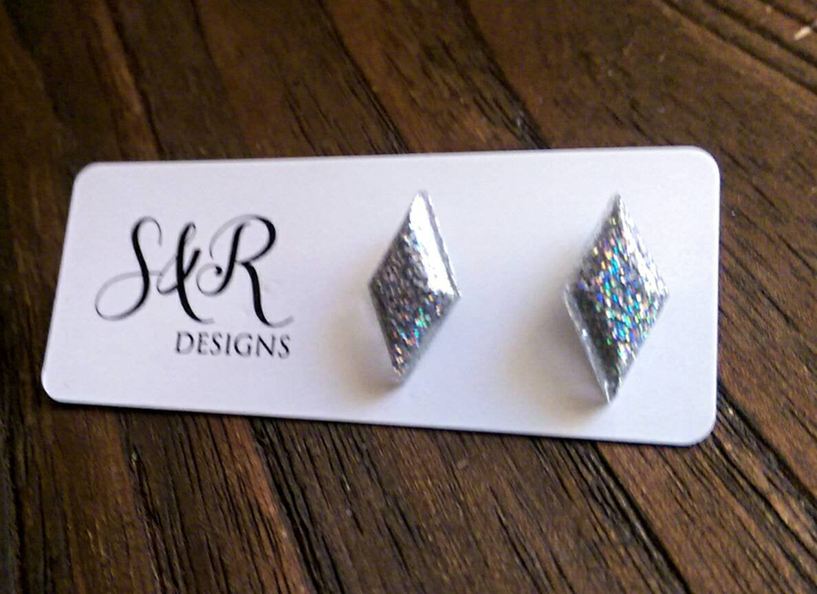 Diamond Gem Resin Stud Earrings, Holographic Silver Glitter Earrings, Stainless Steel Stud Earrings. - Silver and Resin Designs