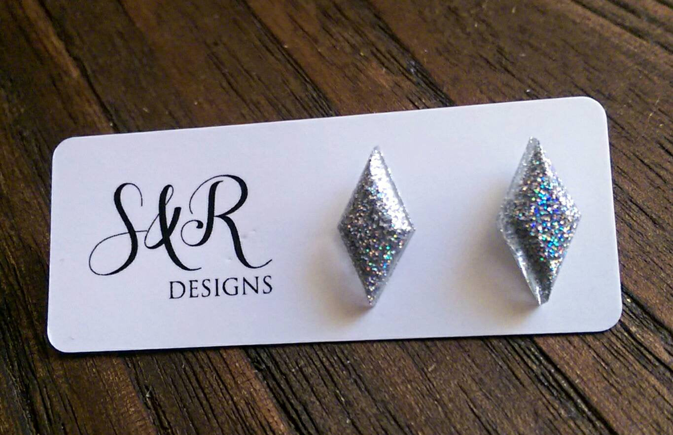 Diamond Gem Resin Stud Earrings, Holographic Silver Glitter Earrings, Stainless Steel Stud Earrings. - Silver and Resin Designs