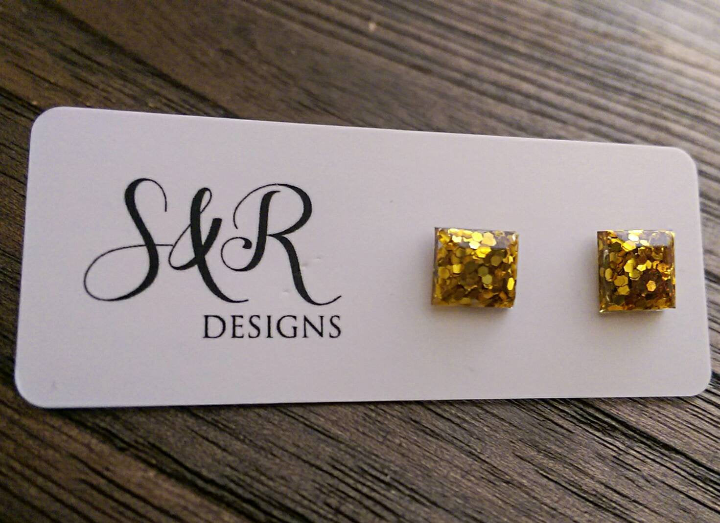 Square Resin Stud Earrings, Glitter Earrings, Gold Glitter Earrings made with Stainless Steel. 8mm - Silver and Resin Designs