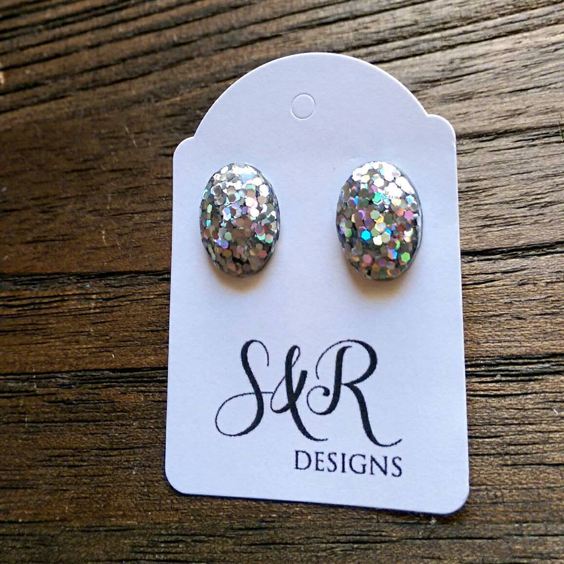 Oval Resin Stud Earrings, Holographic Silver Glitter Earrings, Stainless Steel Stud Earrings.