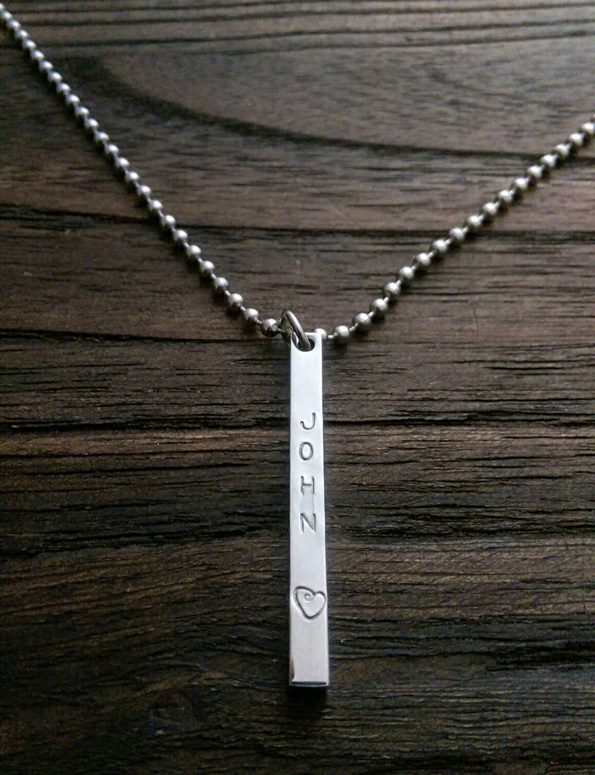 Personalised Name Stamped Necklace Bar Stainless Steel, 4 Sided Bar Pendant Necklace - Silver and Resin Designs