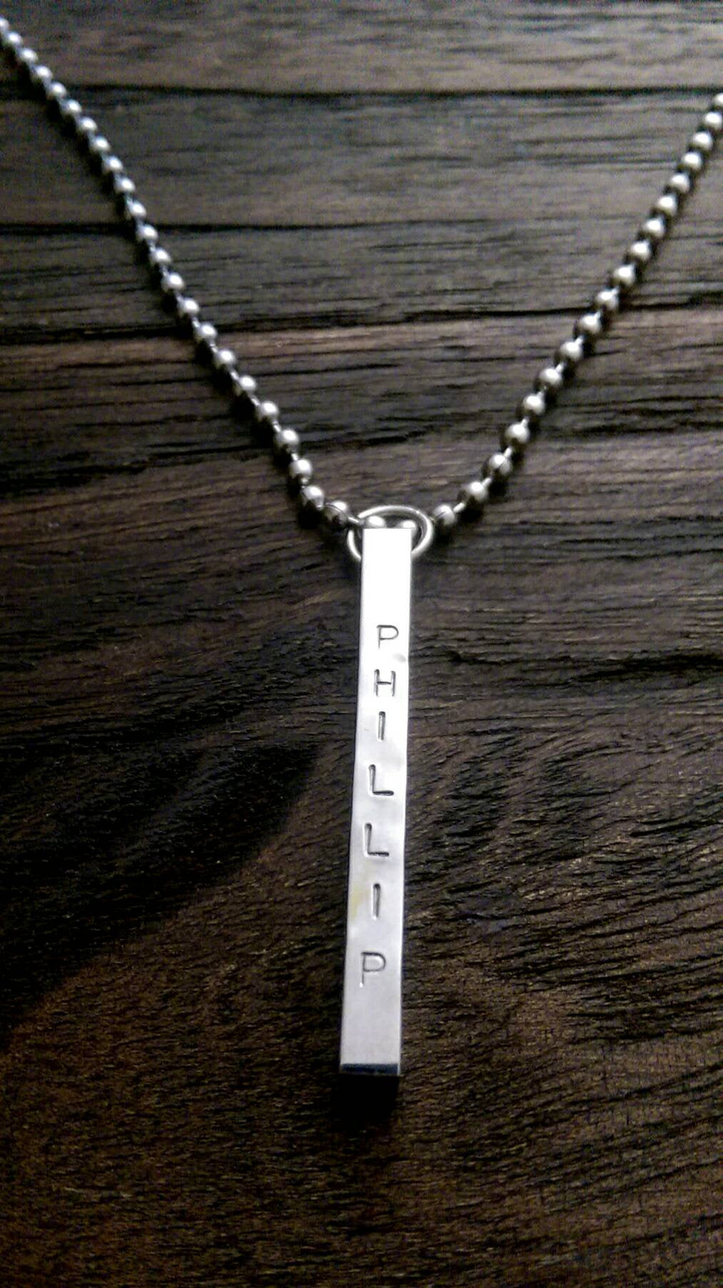 Personalised Name Stamped Necklace Bar Stainless Steel, 4 Sided Bar Pendant Necklace - Silver and Resin Designs