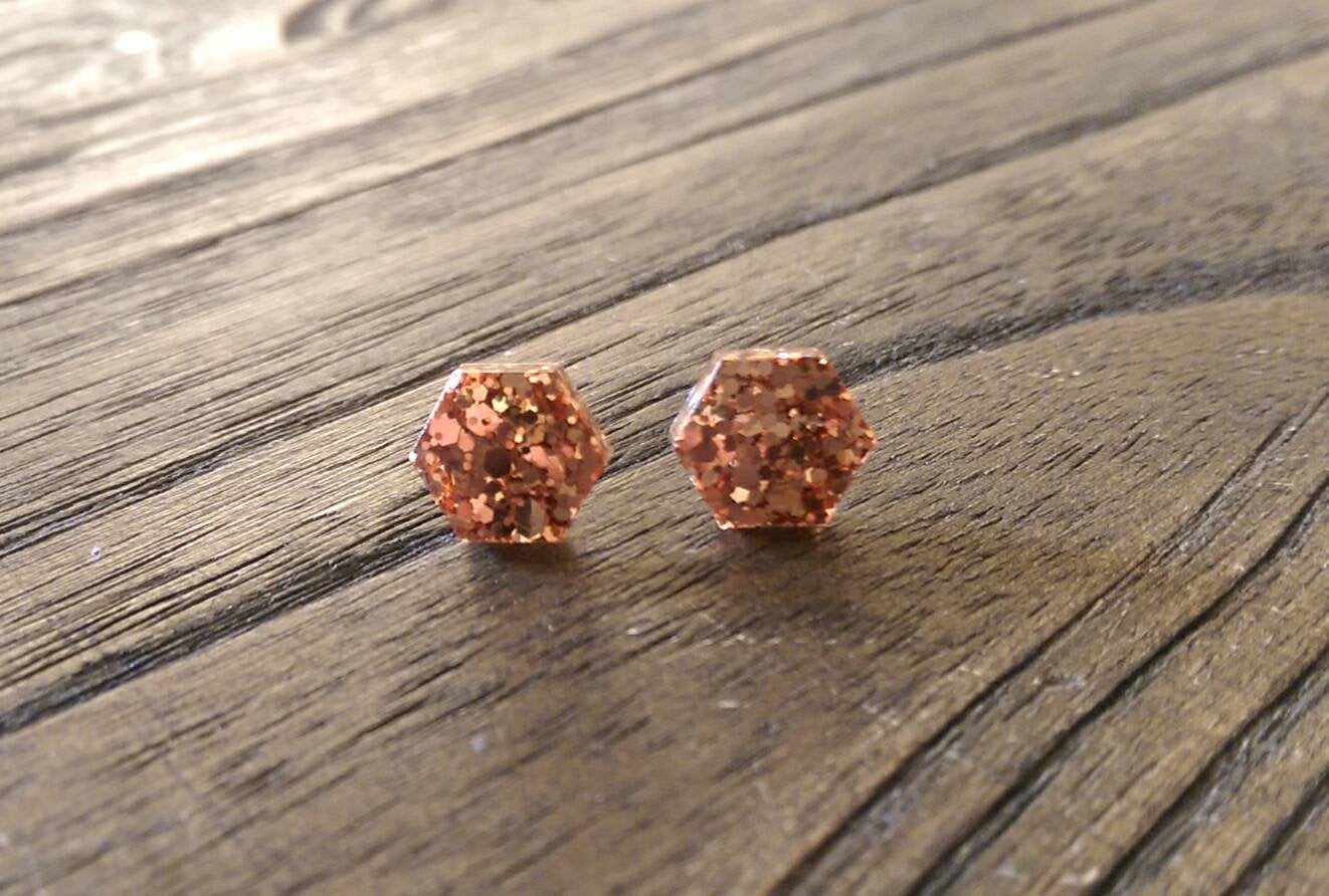 Hexagon Resin Stud Earrings, Rose Gold Copper Earrings. Stainless Steel Stud Earrings. 10mm or 6mm