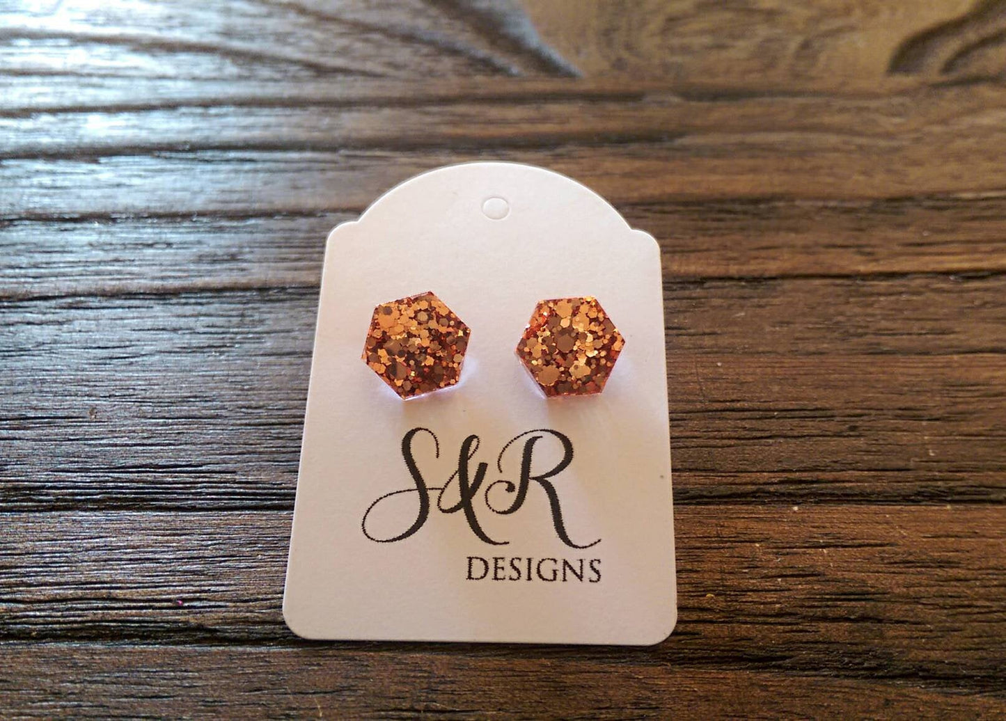 Hexagon Resin Stud Earrings, Rose Gold Copper Earrings. Stainless Steel Stud Earrings. 10mm or 6mm