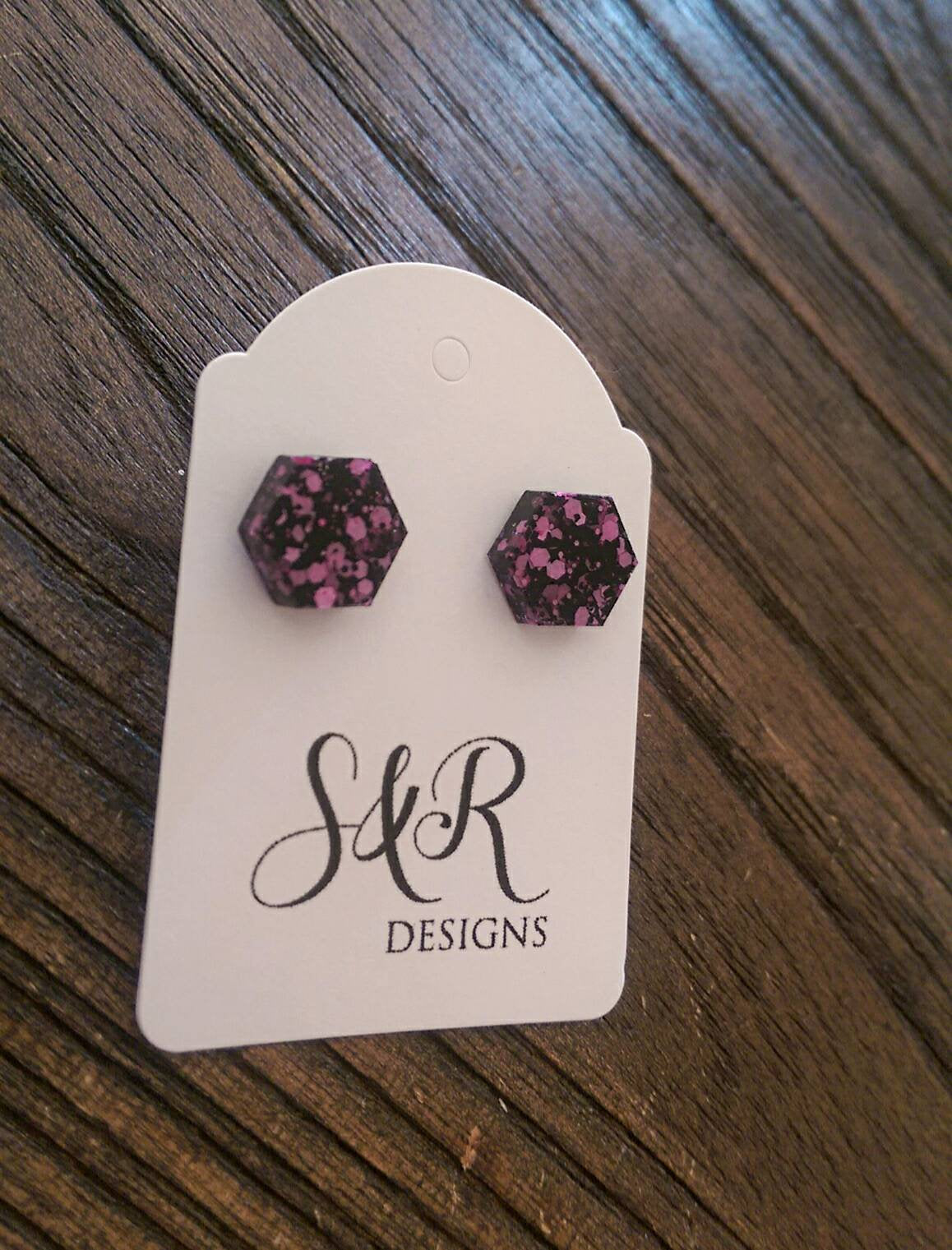 Hexagon Resin Stud Earrings, Pink Black Glitter Earrings. Stainless Steel Stud Earrings. 10mm or 6mm