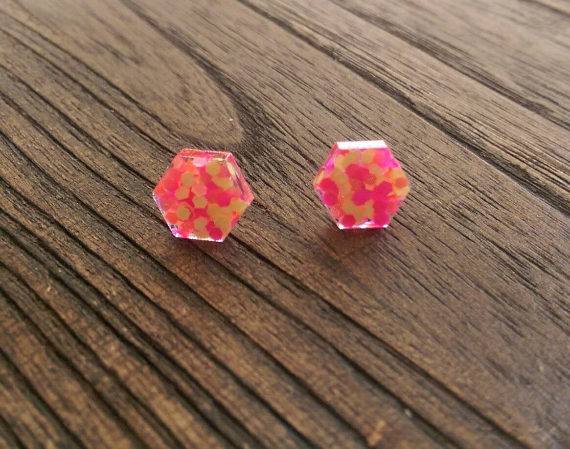 Hexagon Resin Stud Earrings, Neon Pink Orange Yellow Glitter Earrings. Stainless Steel Stud Earrings. 10mm