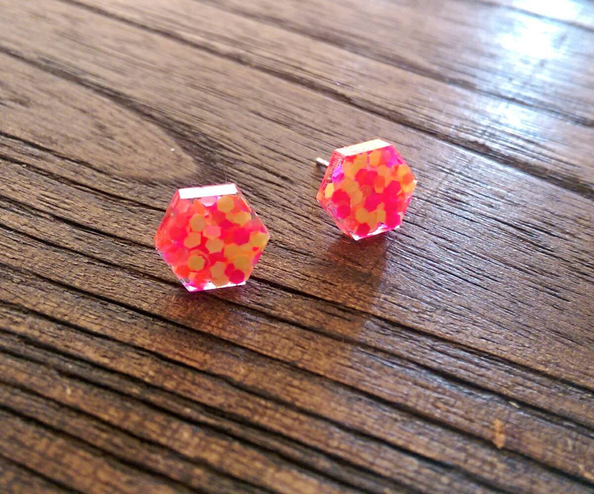 Hexagon Resin Stud Earrings, Neon Pink Orange Yellow Glitter Earrings. Stainless Steel Stud Earrings. 10mm