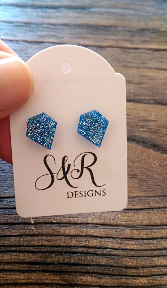 Diamond Cut Resin Stud Earrings, Blue Silver Holographic Glitter Earrings. Stainless Steel Stud Earrings.
