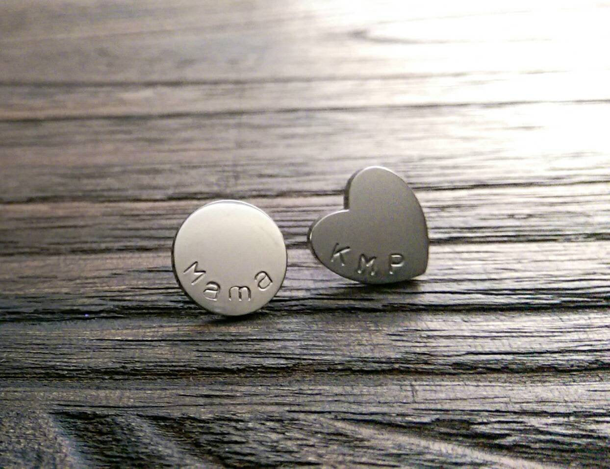 Hand Stamped Personalised Heart and Circle Disc Mix Match Stud Earrings Choose Silver, Gold or Rose Gold Stainless Steel