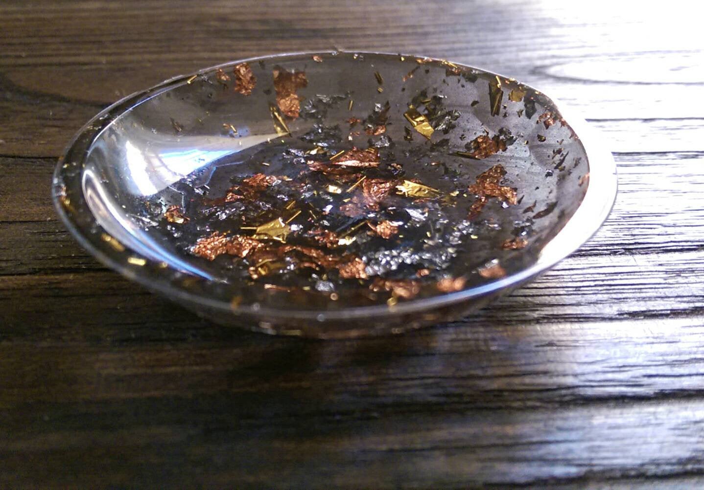 Trinket Ring Dish, Black Gold, Rose Gold and Silver Leaf Ring Dish, Hand Made Resin Dish