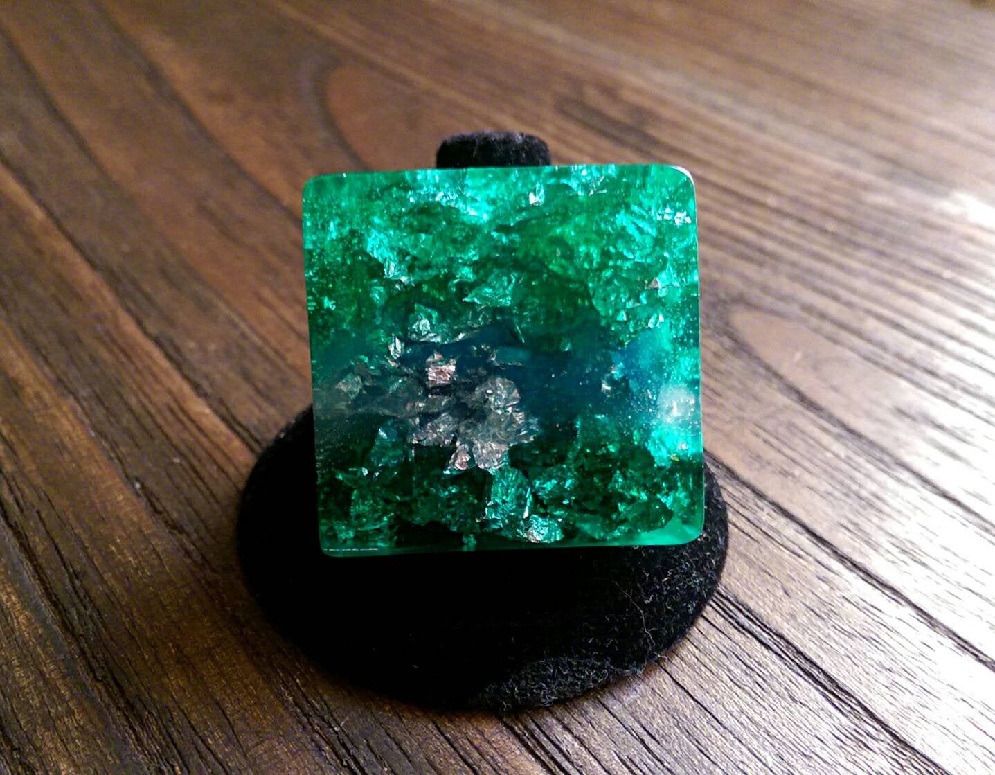 Statement Square Resin Ring, Handmade Size 7 US N AU. Green Blue Silver Leaf Ring