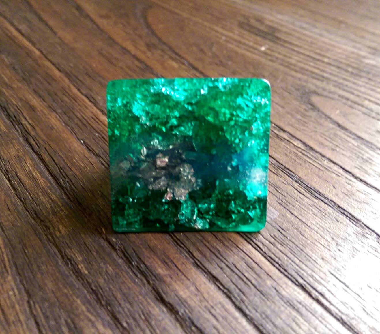 Statement Square Resin Ring, Handmade Size 7 US N AU. Green Blue Silver Leaf Ring