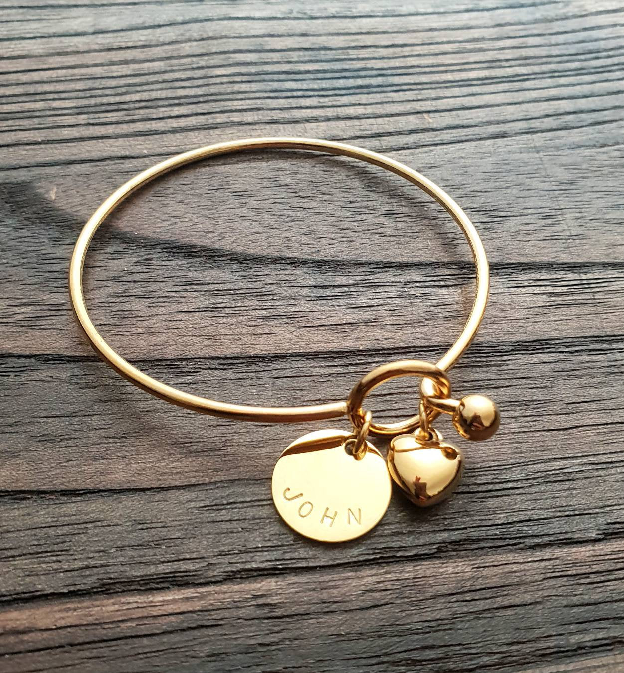 Personalised Hand Stamped Bangle with or without Heart Charm, Personalised Disc