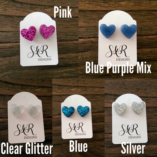 Sparkly Glitter Heart Resin Stud Earrings made of Stainless Steel. Choose colour.