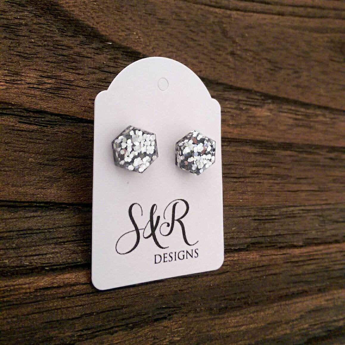 Hexagon Resin Stud Earrings, Silver Glitter Earrings. Stainless Steel Stud Earrings. 10mm