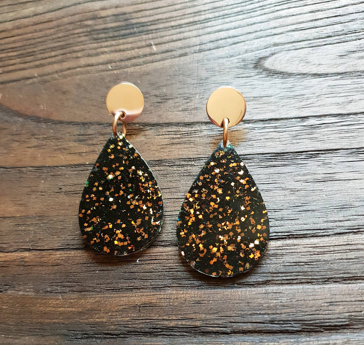 Teardrops Resin Long Rose Gold Earrings, Black Rose Gold Glitter Resin Earrings, Stainless Steel Earrings, Statement Earrings